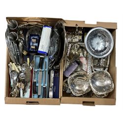 Quantity of electroplate including cake stands, table decorations, baskets, cutlery, horn handled knives etc. in two boxes