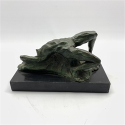  Bronze study of a nude girl by B.C Zheng on black marble plinth, L  