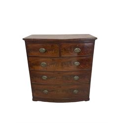 19th century mahogany bow front chest of drawers, fitted with two short and three long graduated oak lined drawers 