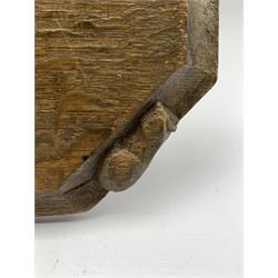Thompson of Kilburn Mouseman oak bread board of canted rectangular shape, with carved mouse signature L30cm