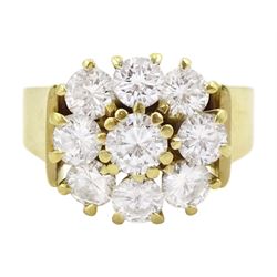 18ct gold nine stone round brilliant cut diamond cluster ring, stamped, total diamond weight approx 1.55 carat