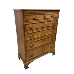 George III oak chest, rectangular top with mahogany banding and moulded edge, fitted with two short over four long graduating drawers, raised on bracket feet