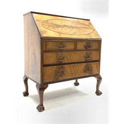 Antique design mahogany bureau, fall front revealing fitted interior over two short and two long drawers, raised on cabriole supports with ball and claw feet, W90cm