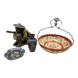 20th century oriental bronze figure group H17cm, Japanese bowl decorated with birds and flowers in a plated frame and two cloisonne items (4)