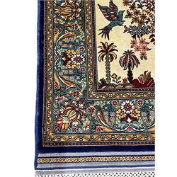 Fine silk Persian mat, the mihrab enclosing floral urn and bird motifs, the guarded border with scrolling design decorated with flower head motifs, with signature panel