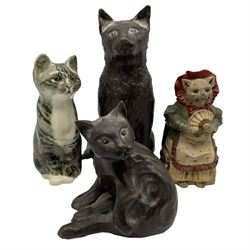 Winstanley pottery cat H20cm, two studio pottery cats, and a German jar and cover in the form of a cat (4)