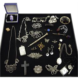 Edwardain 9ct gold amethyst pendant by Deakin & Francis Ltd, Birmingham 1905, collection of silver and stone set silver jewellery including marcasite necklaces and brooches silver vesta case by Thomas & Marshall, Birmingham 1911 and a collection of vintage costume jewellery