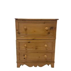 Late 19th Century and later polished pine cabinet, fitted with two fall front cupboards, with shaped apron raised on bracket supports W58cm, H72cm, D45cm