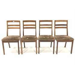 Set four Mid 20th century Nathan teak dining chairs, with bar backs, upholstered seats, raised on square supports,