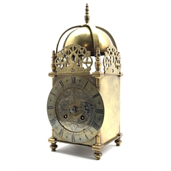 17th century design brass lantern clock, embellished with pierced and incised decoration, eight day striking movement, W13cm