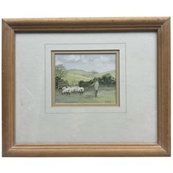 English School (20th Century): Shepherd and Flock, pair watercolours indistinctly signed 9cm x 11cm (2)