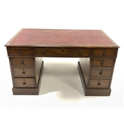 Edwardian mahogany pedestal partners desk with inset writing surface, fitted with nine drawers on a plinth base 137cm x 84cm