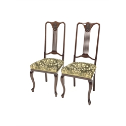 Pair early 20th century mahogany side chairs with serpentine cresting rail and pierced splat over upholstered seats, raised on cabriole front supports, W45cm