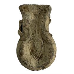 Medieval Pilgrim's Ampulla, Ampullae were 'Holy Water' vessels purchased by pilgrims at shrines, this example is likely to be from a shrine of the Virgin. One side is decorated with a crowned heart flanked by flowers, four petalled flower to the other side, circa 12th to 14th century, lead alloy, L5.5cm