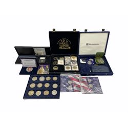 Coins including a miniature gold coin from 'The Presidents of the USA' collection, Tristan da Cunha 2016 sterling silver proof one pound coin, Queen Victoria 1890 crown, commemorative medallions, five pound coins etc