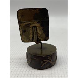 19th century Japanese mixed metal menu holder, deocrated with a ship or  wasen and the base with Praying Mantis and Butterflies, unsigned, H6cm
