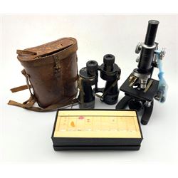 Pair of WW2 Bino Prism No. 5 binoculars in original tan leather case, together with a Cooke, Troughton & Simms Ltd York. Microscope with additional eye pieces and a box of slides