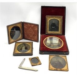 Victorian cased daguerreotype of a lady and child, five other Victorian daguerreotypes together with George V silver bladed fruit knife with engraved mother-of-pearl handle 