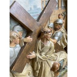 19th century French 'Stations of the Cross' hand painted plaster cast plaque, no. II 'Jésus est Chargé de sa Croix' (Jesus takes up his cross), with an architectural frame in a scumbled finish with lunettes over a foliate arch H110cm