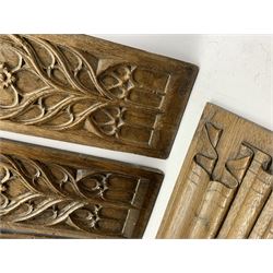 Pair of 19th Century oak panels carved with a floral design 39cm x 17cm, an oak linenfold panel 59cm x 26cm and two other panels
