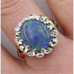 9ct gold opal triplet and diamond cluster ring, hallmarked