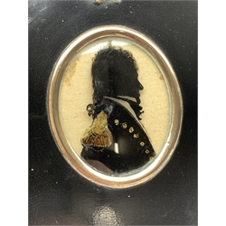 19th century silhouette of a Naval officer, reverse painted on glass and in ebonised frame image size 6.5cm x 5.5cm a 19th century silhouette with gilt highlights of a gentleman in maple frame 12.5cm x 8.5cm