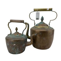 Two copper and brass kettles, H37cm max (2)