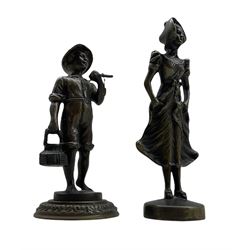 Two 20th century small bronze figures modelled as a Fisherman and a a girl wearing a bonnet, H14cm