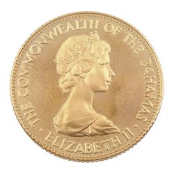 Queen Elizabeth II Commonwealth of the Bahamas 1973 gold fifty dollars coin, cased, approximately 15.65 grams, 12ct gold 