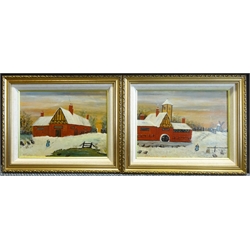 W Tippings (Dutch late 19th century): Barns in Snow, pair naive oils on board signed and dated 1893, 20cm x 28cm (2)