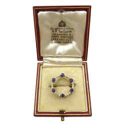 9ct gold sapphire and pearl wreath brooch, Birmingham 1980