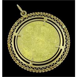 Austria 1914 restrike four ducat gold coin loose mounted in an 18ct gold fancy frame as a pendant, stamped 750