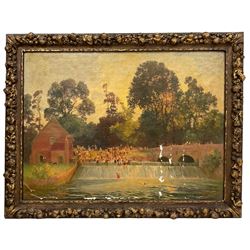 George Harrison (York 1882-1936): Figures Bathing at Buttercrambe Mill, oil on canvas signed in heavy gilt floral moulded frame, Royal Academy label verso 120cm x 89cm