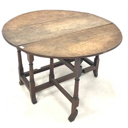 Late 18th century oak gateleg dining table, the oval top raised on turned and splayed block supports, W122cm, H71cm