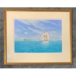 John Michael Groves (1937-2019): 'Visiting Yachts in Ava Nui Pass, Bora Bora, pastel signed and dated 99' 37cm x 53cm  