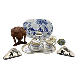 19th century Worcester part cabaret set with blue floral and jewelled decoration (5), continental terra cotta parfumier with liner, 19th century earthenware blue and white drainer etc