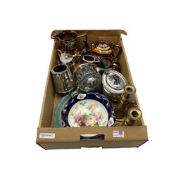 Plated three piece tea set, copper lustre tea pot and jugs, brass candlesticks etc