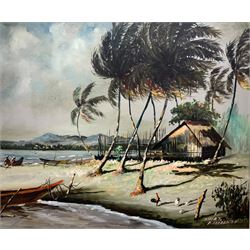 Oscar T Navarro (Filipino 1921-1973): Windswept Palm Trees on the Philippine Coast, oil on canvas signed and dated '62, 41cm x 50cm