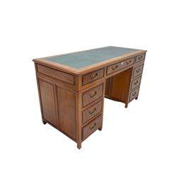 Brights of Nettlebed - hardwood twin pedestal desk, rectangular top with inset leather and scrolled inlays, fitted with nine drawers