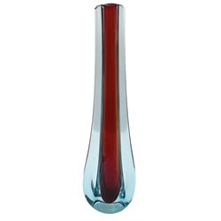 Luigi Mandruzzato, a Sommerso triple cased Murano glass vase, of square section H15cm, a Murano teardrop form cased glass vase, Orrefors glass bud vase etched with a bird perched on a branch, Strömbergshyttan glass vase etched with a Viking Ship and another Swedish glass vase etched with a Butterfly (5)