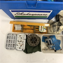 Shakespeare fishing tackle box and contents of Mitchell and other reels, flies, floats etc 