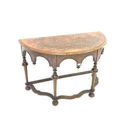 Victorian walnut demi lune console table, well figured top over Gothic arched apron, raised on turned supports united by serpentine stretchers, W118cm, H76cm, D59cm