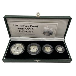 The Royal Mint United Kingdom 1997 silver proof Britannia four coin collection, cased with certificate 