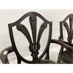  Set four 19th century walnut shield back dining armchairs, with Prince of Wales feather splats, fluted arm terminals, upholstered seat panels, raised on moulded square tapered supports, W61cm  