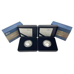 Two The Royal Mint United Kingdom 2019 'The Spirit of a Nation' silver proof one ounce Britannia coins, both cased with certificates (2)
