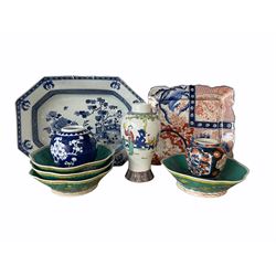 18th century Chinese export oblong dish decorated in blue and white with a fence, flowers and trees L38cm, four 19th century Chinese bowls, Chinese vase, Japanese plate and two other items
