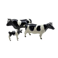 Beswick Friesian Bull 'Coddington Hill Bar' model 1439A, Friesian Cow ' Claybury Leegwater' model 1362A and a Friesian Calf model 1249C