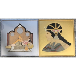 Pair of Art Deco design Applique silk panels of Cleopatra, 46cm x 46cm