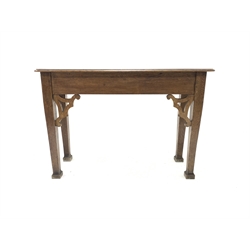 Late 19th century oak centre table, with moulded top raised on square tapered supports with splayed feet, W124cm