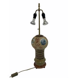 20th century Chinese twin-branch earthenware table lamp with hand-painted roundels on hardwood base, H76cm